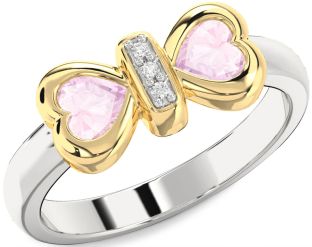 Diamond Emerald Platinum & Yellow Gold Bow Two Heart Birthstone Ring