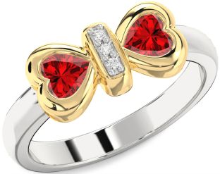 Diamond Emerald Platinum & Yellow Gold Bow Two Heart Birthstone Ring
