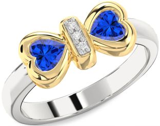 Diamond Emerald Platinum & Yellow Gold Bow Two Heart Birthstone Ring