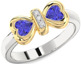 Diamond Emerald Platinum & Yellow Gold Bow Two Heart Birthstone Ring