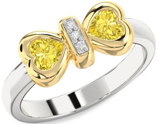 Diamond Emerald Platinum & Yellow Gold Bow Two Heart Birthstone Ring