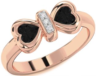 Diamond Emerald Rose Gold Bow Two Heart Birthstone Ring