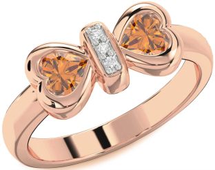 Diamond Emerald Rose Gold Bow Two Heart Birthstone Ring