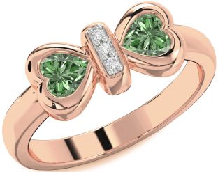 Diamond Emerald Rose Gold Bow Two Heart Birthstone Ring
