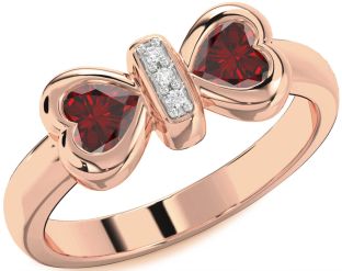 Diamond Emerald Rose Gold Bow Two Heart Birthstone Ring