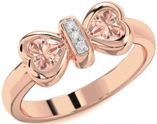 Diamond Emerald Rose Gold Bow Two Heart Birthstone Ring