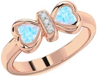 Diamond Emerald Rose Gold Bow Two Heart Birthstone Ring