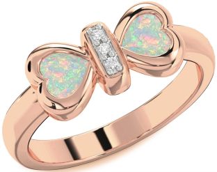 Diamond Emerald Rose Gold Bow Two Heart Birthstone Ring