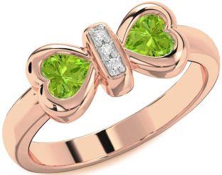 Diamond Emerald Rose Gold Bow Two Heart Birthstone Ring