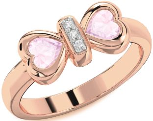 Diamond Emerald Rose Gold Bow Two Heart Birthstone Ring