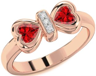Diamond Emerald Rose Gold Bow Two Heart Birthstone Ring