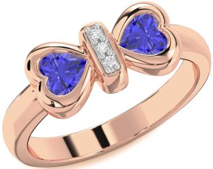 Diamond Emerald Rose Gold Bow Two Heart Birthstone Ring