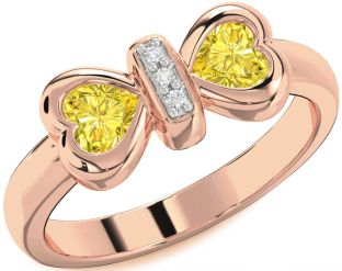 Diamond Emerald Rose Gold Bow Two Heart Birthstone Ring