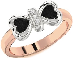 Diamond Emerald Platinum & Rose Gold Bow Two Heart Birthstone Ring