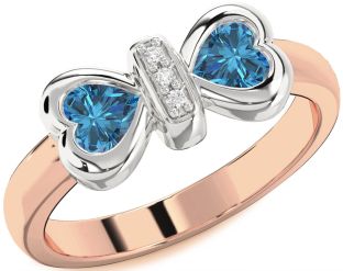 Diamond Emerald Platinum & Rose Gold Bow Two Heart Birthstone Ring