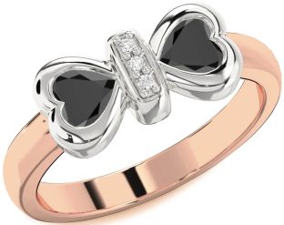 Diamond Emerald Platinum & Rose Gold Bow Two Heart Birthstone Ring