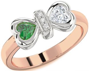 Diamond Emerald Platinum & Rose Gold Bow Two Heart Birthstone Ring