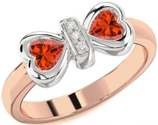 Diamond Emerald Platinum & Rose Gold Bow Two Heart Birthstone Ring