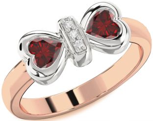 Diamond Emerald Platinum & Rose Gold Bow Two Heart Birthstone Ring