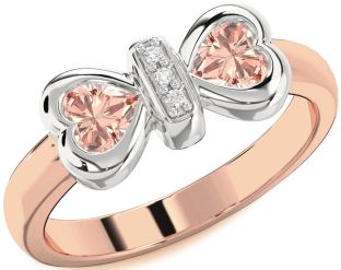 Diamond Emerald Platinum & Rose Gold Bow Two Heart Birthstone Ring