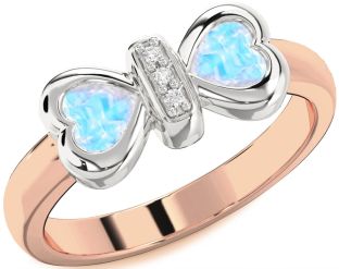 Diamond Emerald Platinum & Rose Gold Bow Two Heart Birthstone Ring