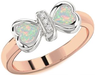 Diamond Emerald Platinum & Rose Gold Bow Two Heart Birthstone Ring