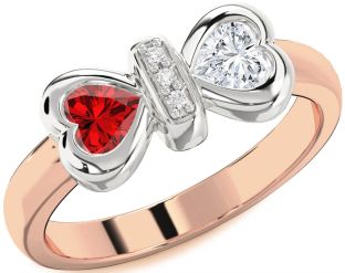 Diamond Emerald White Rose Gold Bow Two Heart Birthstone Ring