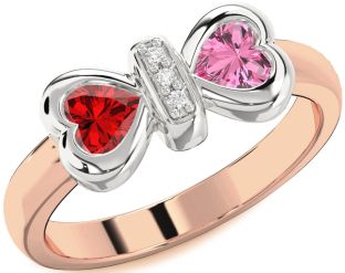 Diamond Emerald Platinum & Rose Gold Bow Two Heart Birthstone Ring
