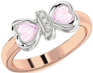 Diamond Emerald Platinum & Rose Gold Bow Two Heart Birthstone Ring