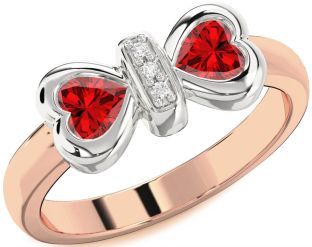 Diamond Emerald Platinum & Rose Gold Bow Two Heart Birthstone Ring