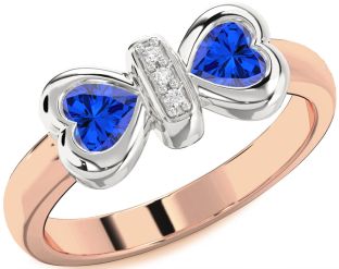 Diamond Emerald Platinum & Rose Gold Bow Two Heart Birthstone Ring