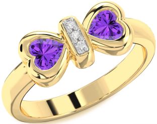 Diamond Emerald Gold Bow Two Heart Birthstone Ring