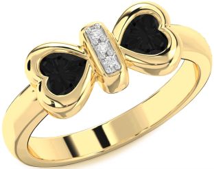 Diamond Emerald Gold Bow Two Heart Birthstone Ring