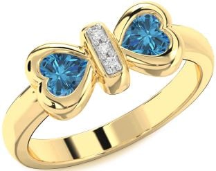 Diamond Emerald Gold Bow Two Heart Birthstone Ring