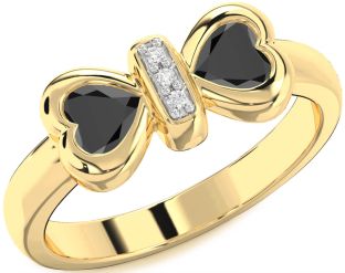 Diamond Emerald Gold Bow Two Heart Birthstone Ring