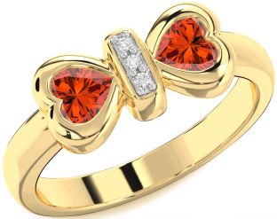 Diamond Emerald Gold Bow Two Heart Birthstone Ring