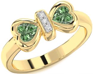 Diamond Emerald Gold Bow Two Heart Birthstone Ring