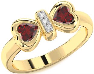 Diamond Emerald Gold Bow Two Heart Birthstone Ring