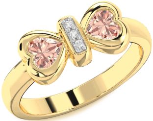 Diamond Emerald Gold Bow Two Heart Birthstone Ring