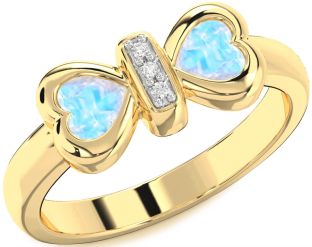 Diamond Emerald Gold Bow Two Heart Birthstone Ring