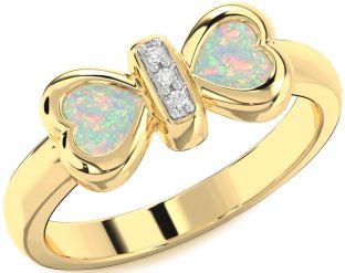 Diamond Emerald Gold Bow Two Heart Birthstone Ring