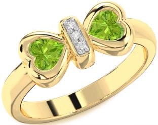 Diamond Emerald Gold Bow Two Heart Birthstone Ring