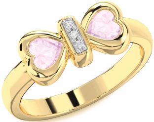 Diamond Emerald Gold Bow Two Heart Birthstone Ring