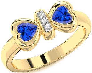 Diamond Emerald Gold Bow Two Heart Birthstone Ring