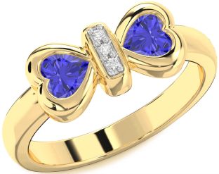 Diamond Emerald Gold Bow Two Heart Birthstone Ring