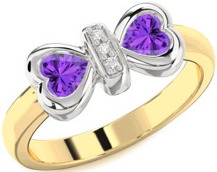 Diamond Emerald Platinum & Yellow Gold Bow Two Heart Birthstone Ring