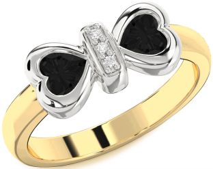 Diamond Emerald Platinum & Yellow Gold Bow Two Heart Birthstone Ring