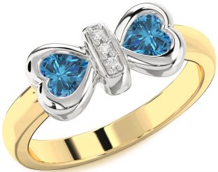 Diamond Emerald Platinum & Yellow Gold Bow Two Heart Birthstone Ring