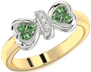 Diamond Emerald Platinum & Yellow Gold Bow Two Heart Birthstone Ring