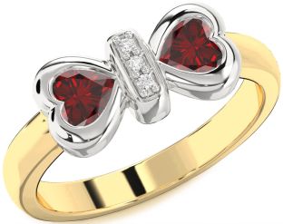 Diamond Emerald Platinum & Yellow Gold Bow Two Heart Birthstone Ring